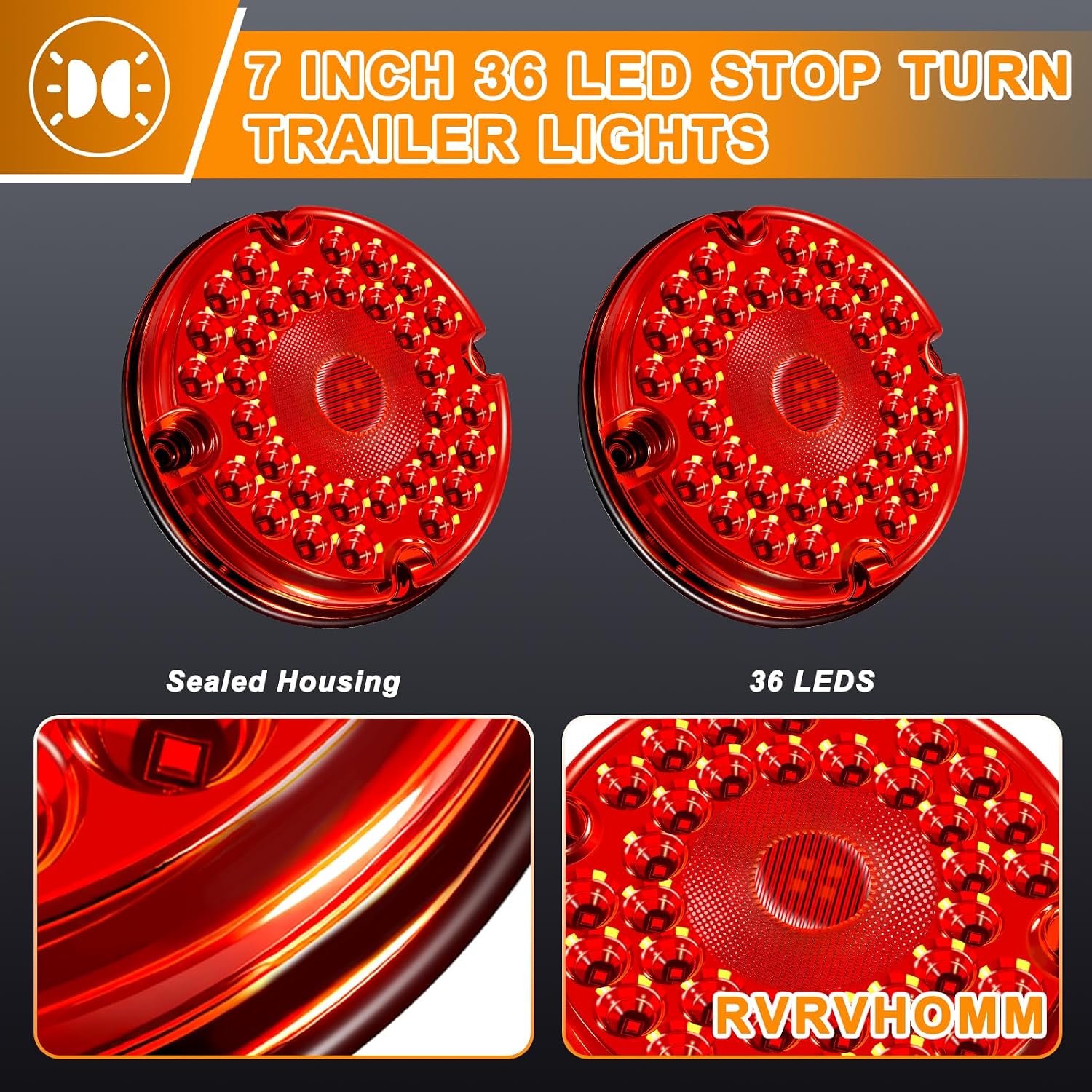 7" Inch Round LED Trailer Tail Lights Red 2Pcs 36 LED Bus Stop Brake Taillight Turn Tail Lights Waterproof for Truck Trailer RV UTV Reflex Lens with Gasket 10-30V