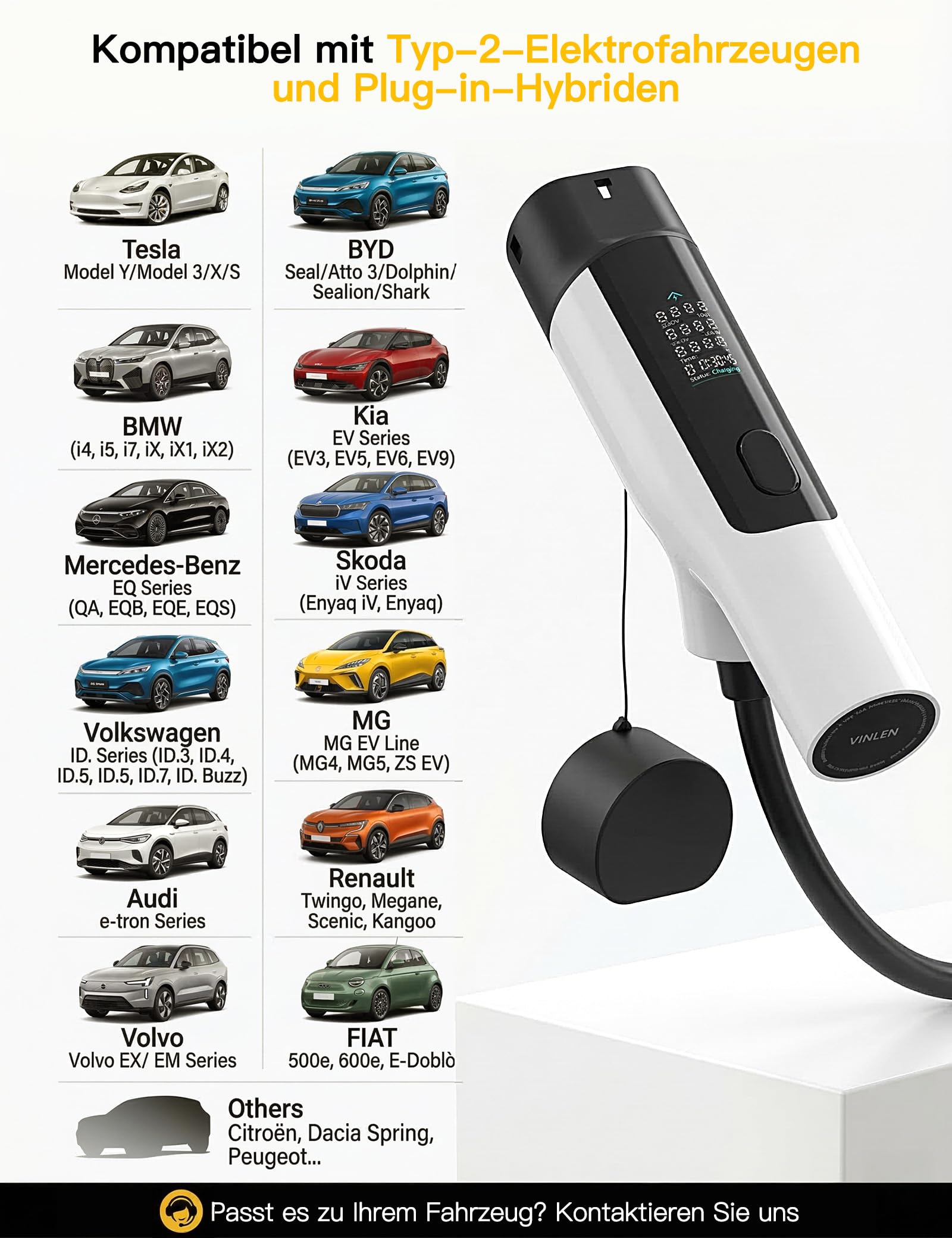 Typ 2 Ladekabel Schuko 3,68kW,10m[1-phasig,8–16A], mobiles EV Charger mit am Griff integrierter LED-Anzeige, EV Ladegerät für ID.7/ID.3/ID.4,Enyaq,Model Y/3,MG4,Q4 e-tron,iX1 und andere PHEV/EV