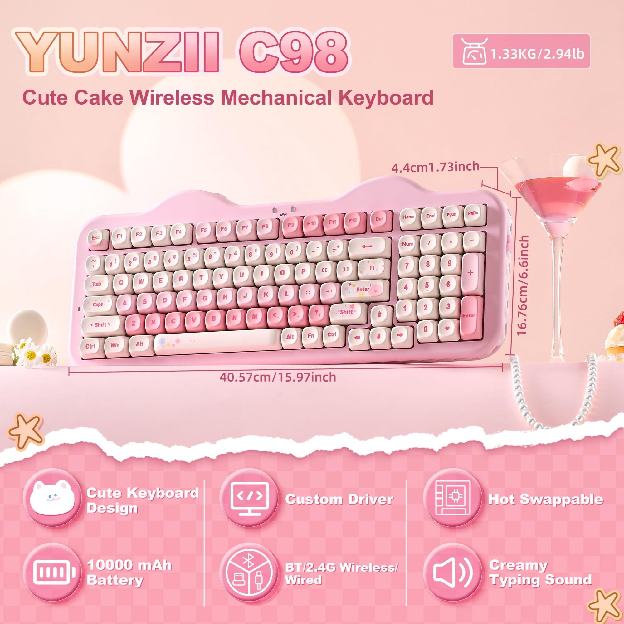 YUNZII C98 Tastiera Meccanica Gaming Wireless con Tastierino Numerico, 99 tasti PBT a profilo MOA, Bluetooth/2.4G/USB-C, Switch Hot-Swap, Gasket, RGB, Design Dolce per Win/Mac (Rosa, Milk V2 Switch) - 3