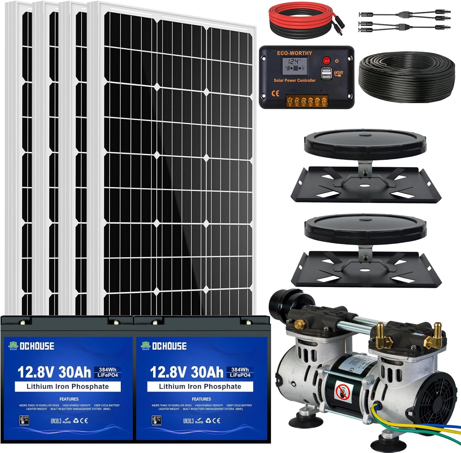 DC HOUSE 5.76CFM Solar Pond Aerator, 300W Pond & Lake Aerator with 2pcs 30Ah Lithium Battery, 100' Weighted Tubing, with Faster Sinking Diffusers, with 4pcs 100W Solar Panels