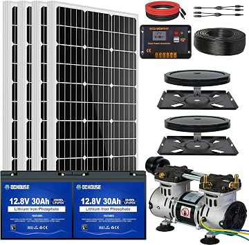 DC HOUSE 5.76CFM Solar Pond Aerator, 300W Pond & Lake Aerator with 2pcs 30Ah Lithium Battery, 100 Weighted Tubing, with Faster Sinking Diffusers, with 4pcs 100W Solar Panels
