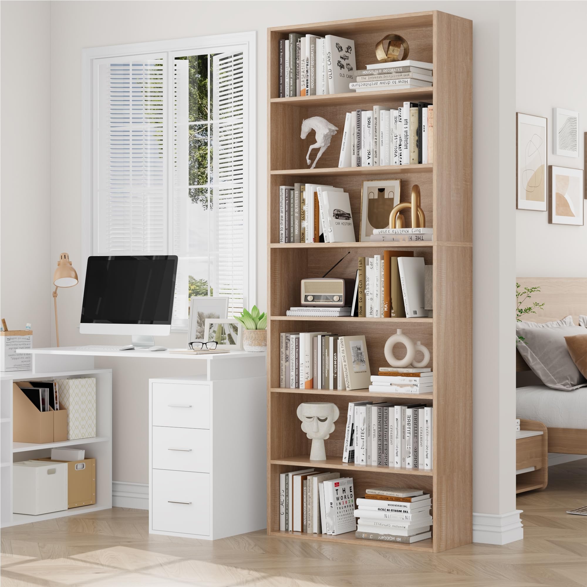 FirFurd Bibliothèque Étagère de Rangement 7 Niveaux Bibliotheque Meuble de Rangement Bibliothèques pour Salon Bureau Chambre 209,5 x 60 x 23,5 cm, Chêne