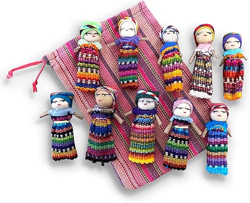 Thorness Juego de 10 muñecas guatemaltecas hechas a mano con bolsa de almacenamiento, perfectas para niñas y niños con ansiedad