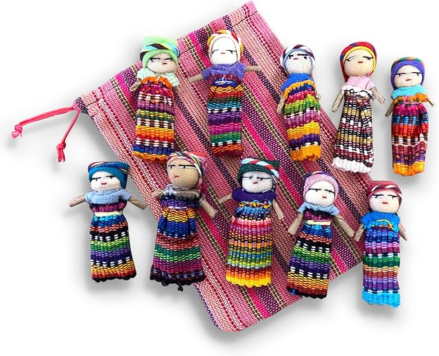 Set of 10 Guatemalan handmade Worry Doll with a colourful crafted storage bag | Worry Dolls for Girls | Worry Dolls For Boys | Anxiety Dolls | Worry Doll | Guatamalan Doll