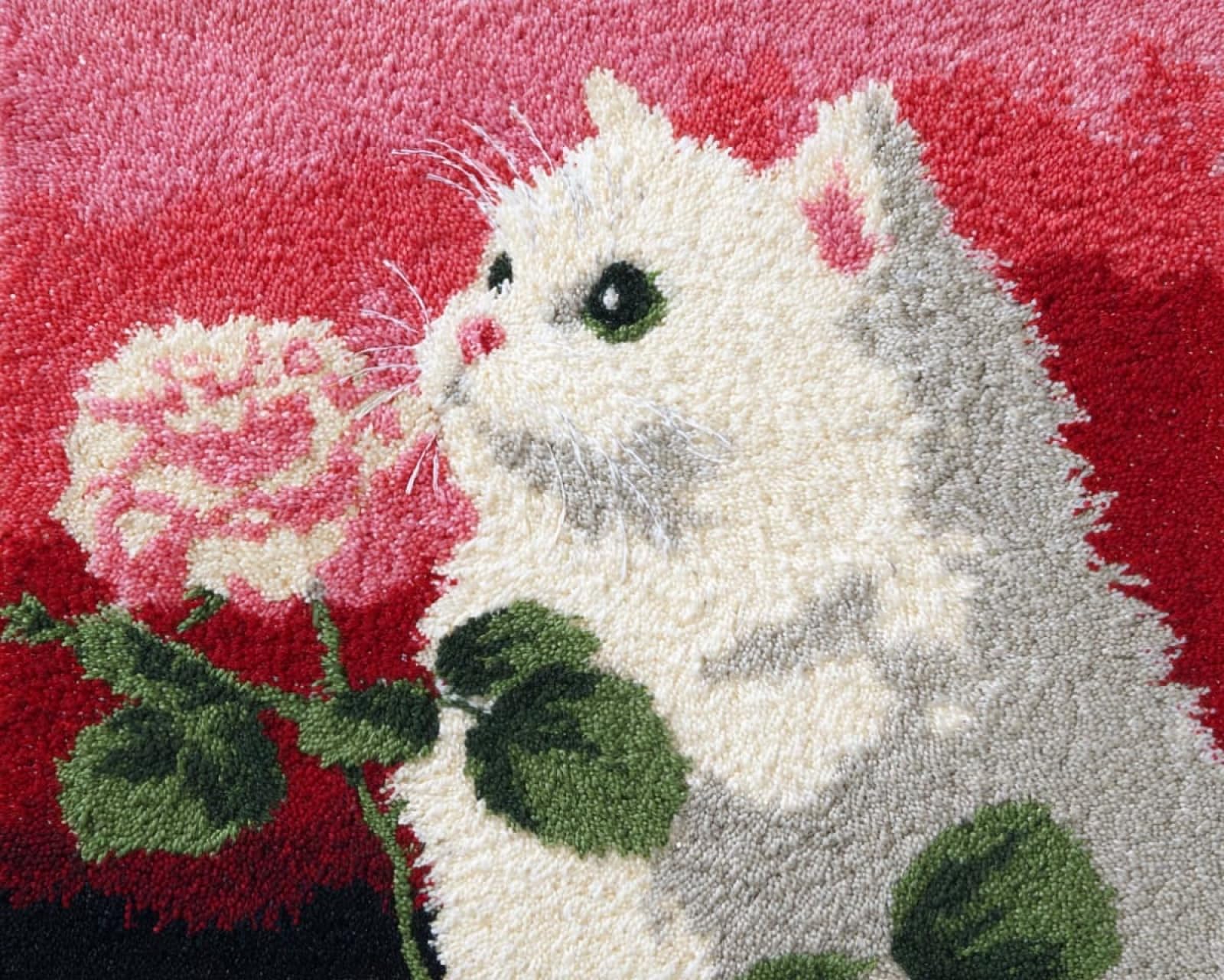 Wallphantom Latch Hook Kits for Adults Rug,A White cat Sniffs a Rose,Latch Hook Kits DIY Crochet Handcraft Rug Hooking Kit for Kids and Adults,55x75cm