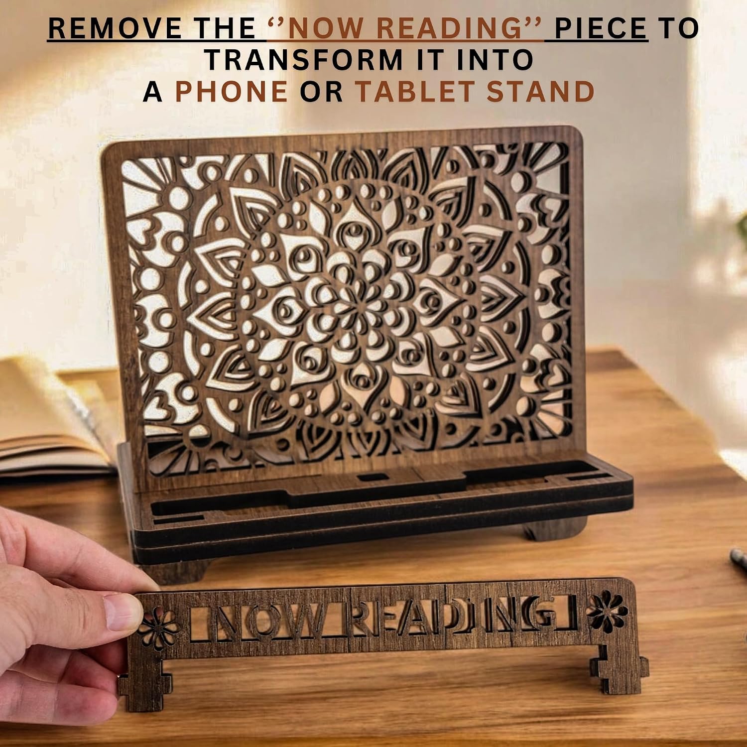 Wooden Cookbook Stand, Portable Book Stand, Kitchen Counter Organizer, Recipe Holder for Kitchen, Hands-Free Reading Stand for Cooking, Tablet & Phone & Book Display, Nook Reading - Brown image 4