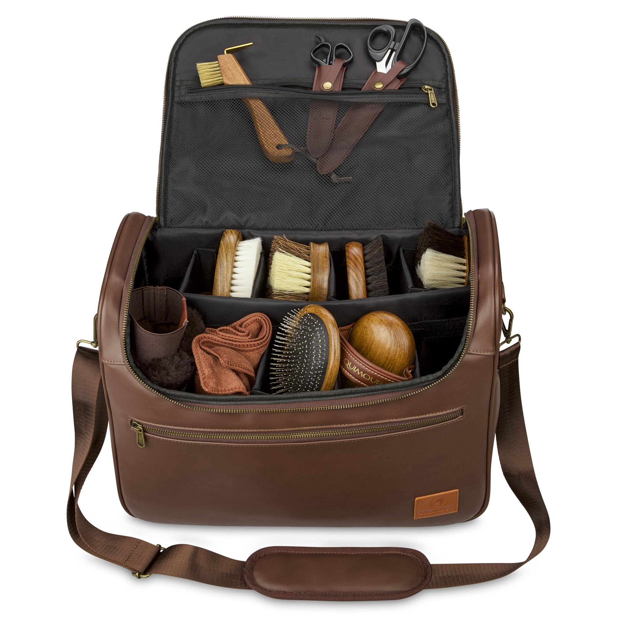 Set Completo Cura del Cavallo - 12 Pezzi con Borsa da Pulizia | Set 12 pezzi premium: cardatrice, spazzole, striglia, forbici, nettazoccoli e borsa in pelle vegana