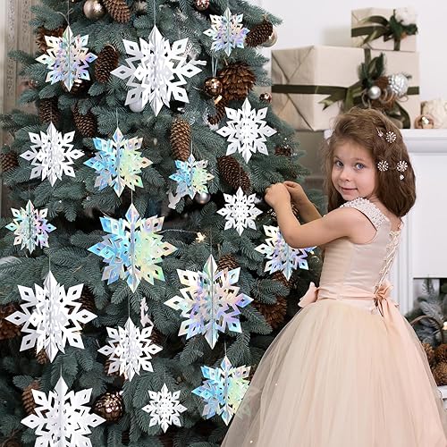 Miniatura 2 de Decoraciones navideñas de copos de nieve para interiores, 24 piezas de copos de nieve de papel 3D, adornos colgantes de copos de nieve blancos para