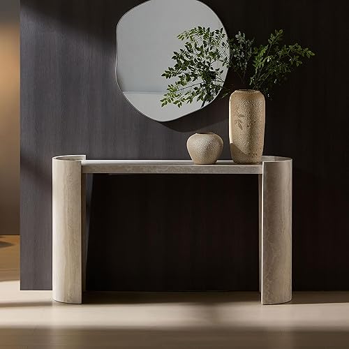 Mesa de consola curvada de 53.15 pulgadas, con patrón de mármol de imitación de Mars, moderno acento de pasillo de madera para sala de estar,