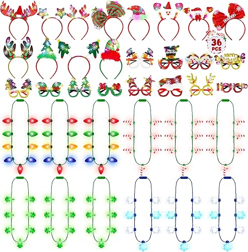 Miniatura 6 de 12 piezas de recuerdos de fiesta de Navidad iluminados, juego de collar de Navidad, diadema y lentes, collar de árbol de copo de nieve con bombilla,