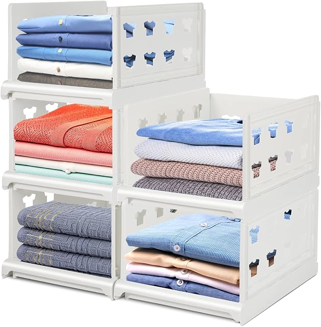 Hossejoy Set of 4 Stackable Wardrobe Storage Organizer Plastic Detachable Shelves Baskets Divider Boxes for Wardrobe Bedroom, White