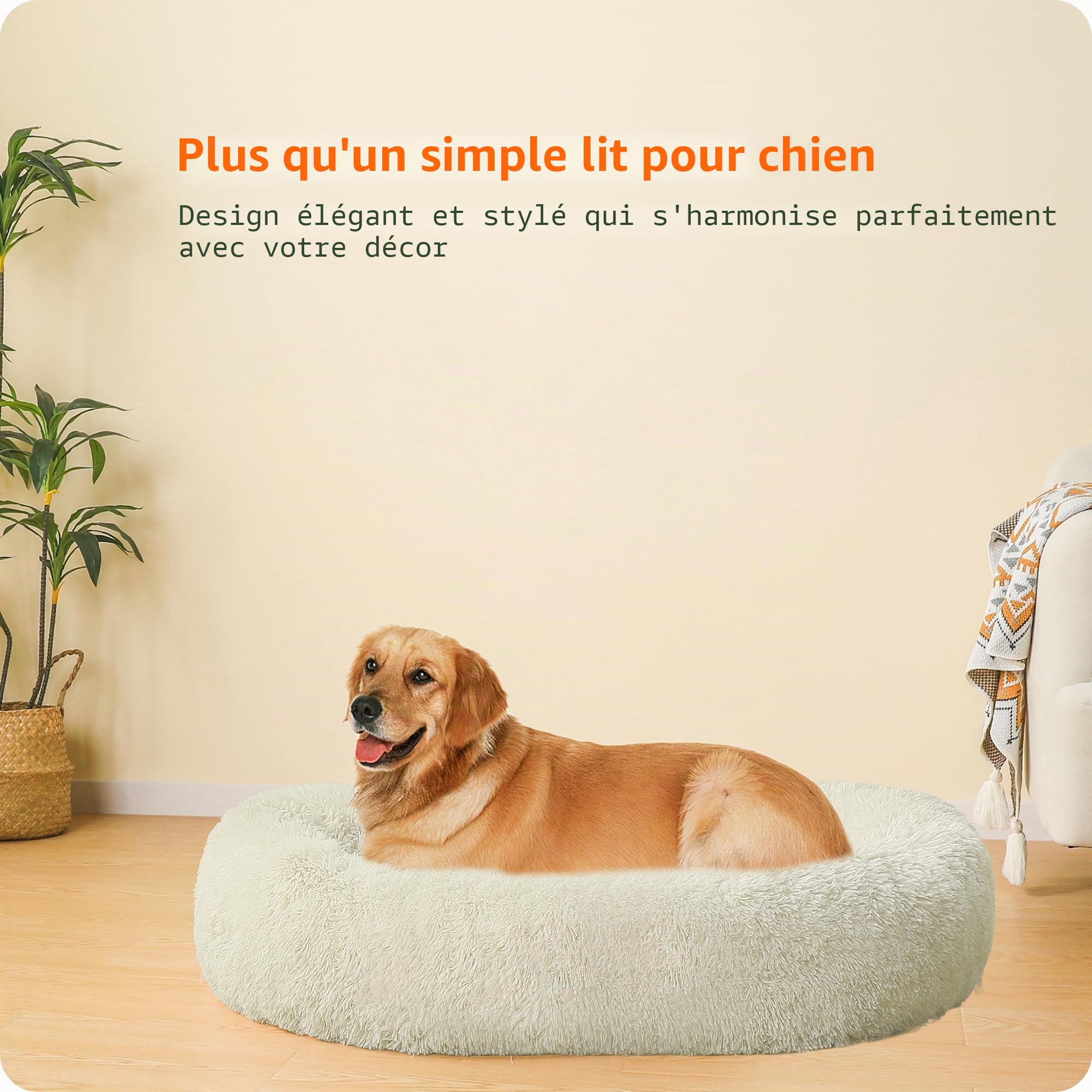 HMTOPE Lit orthopédique pour chien rond Coussin pour chien Canapé pour chat Lit en forme de donut Doux Panier pour chien Lavable, 100 cm Ø, Beige