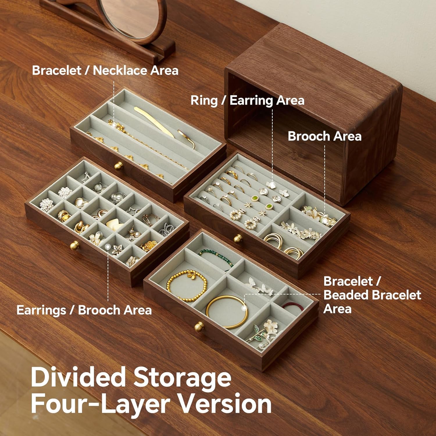 Wooden Jewelry Box for Women Men, Large Velvet Lined Organizer with 4 Drawers, Solid Black Walnut Brass Handles, Jewelry Storage Box for Rings, Necklaces, Earrings - Image 4