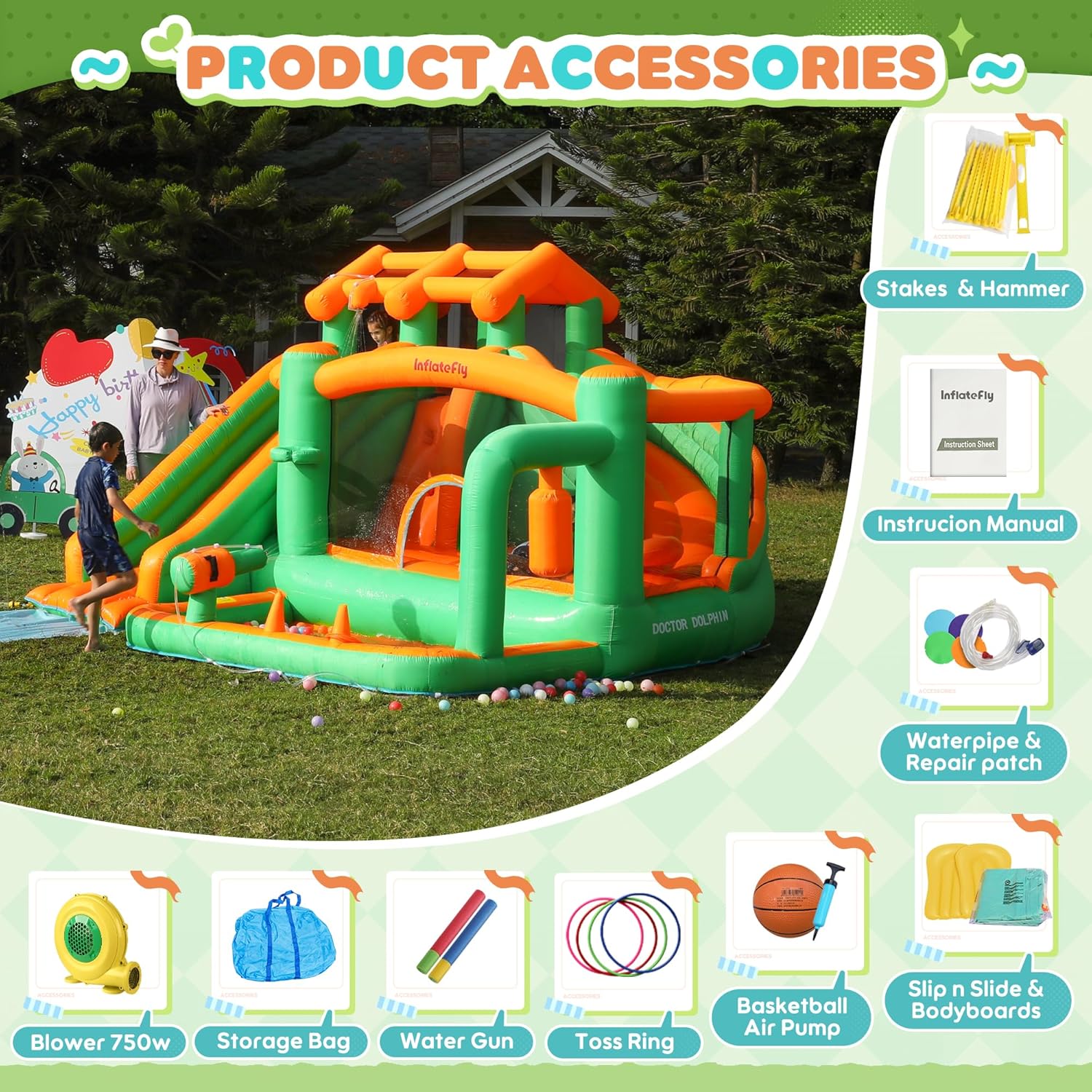 Bounce House, Inflatable Water Bounce House with Blower, Kids Bouncy Castle Dual Slides Water Park with Slide Mat for Wet and Dry