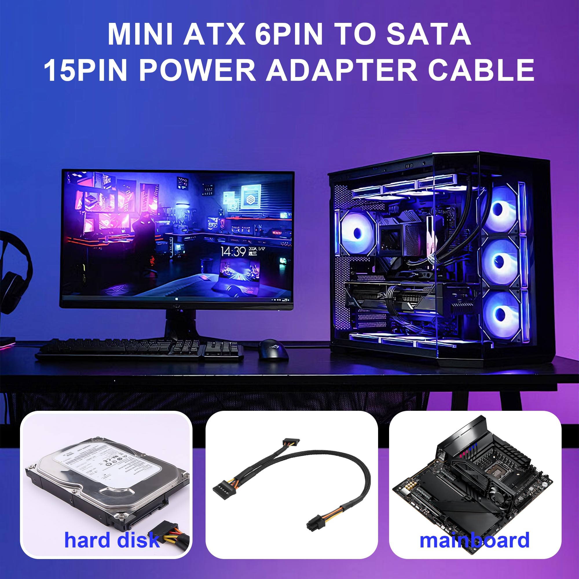 Mini ATX 6-pinowy kabel zasilacza SATA, kompatybilny z CT1250/ECT1205/ECT1250/QCT1250/QCS1250, do SATA HDD/SSD/napędu optycznego, rozszerzenie mocy 45 cm + 15 cm