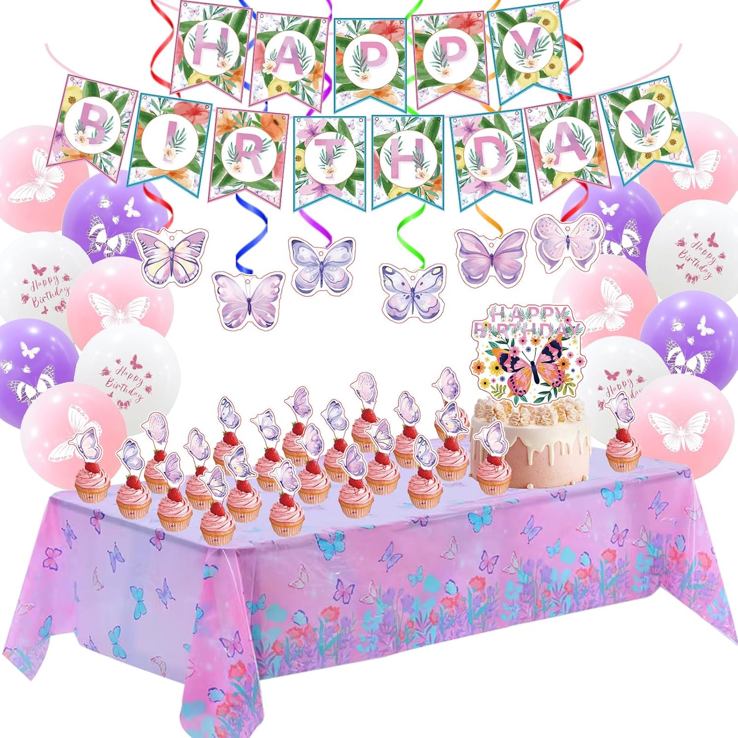 Butterfly Birthday Party Supplies, Butterfly Theme Style Party Include Happy Birthday Banner, Tablecloth, Hanging Swirls, Cake Toppers, Cupcake Toppers, Latex Balloons