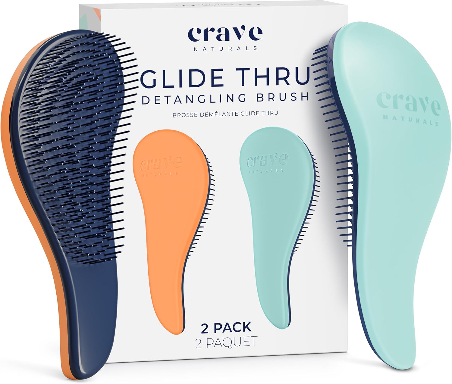 Crave Naturals Glide Thru Hair Brush - 2 Pack Detangler Brush for Curly, Straight, Wet or Dry Hair - Gentle Detangling Brushes for Adults, Kids, Toddlers, 7.5"x3" - Coral and Turquoise
