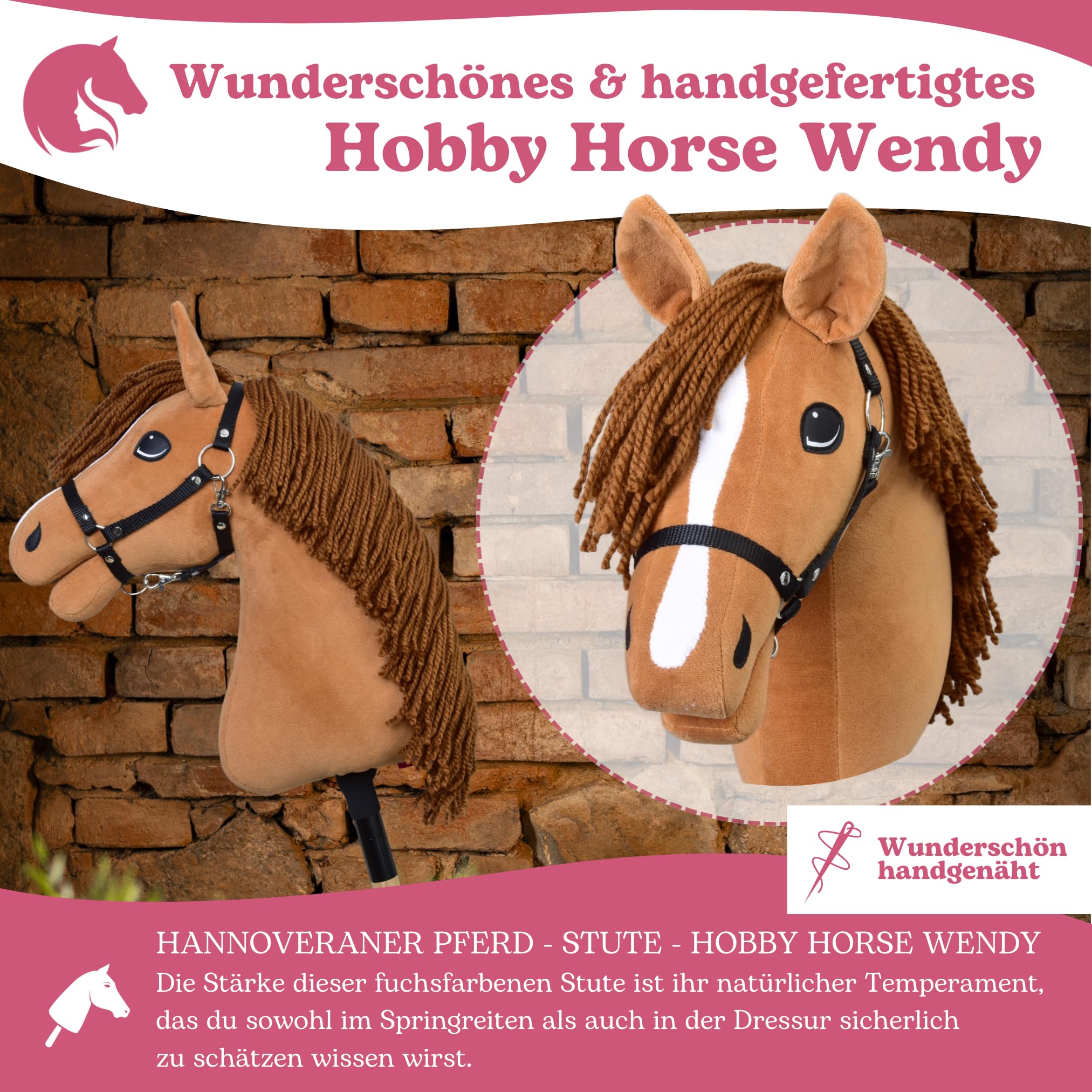 LarDen Hobby Horse Wendy mit schwarzem Halfter - Größe M, HANDGEFERTIGTES Stockpferd Für Kleine, Große Kinder mit Zubehör | Spielpferd, Pferd Zum Reiten Spielzeug, Hobby Horsing