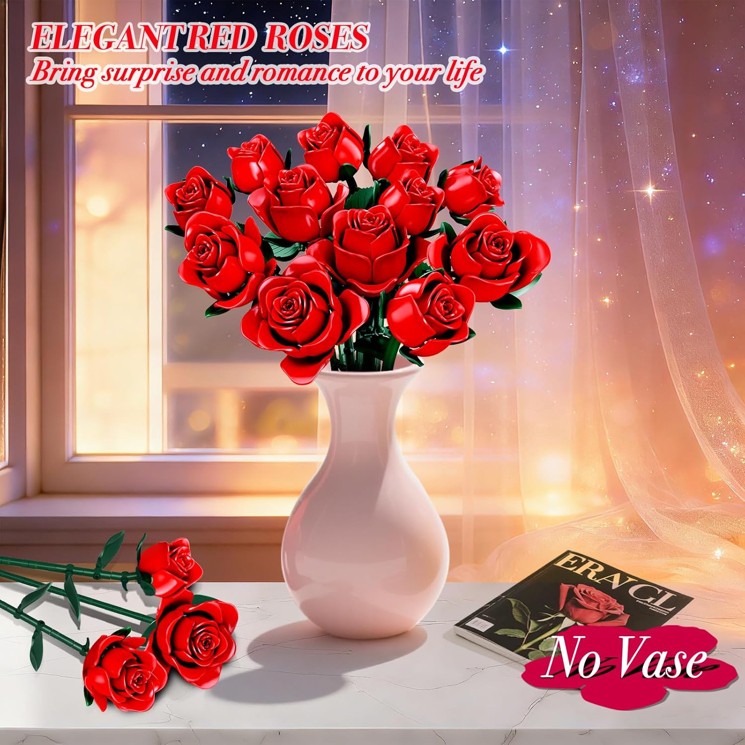 Mother's Day Flowers Bouquet Building Set, 12 Artificial Red Roses Botanical Collection Building Block Educational Toys for Girls Kids Women, 634 PCS