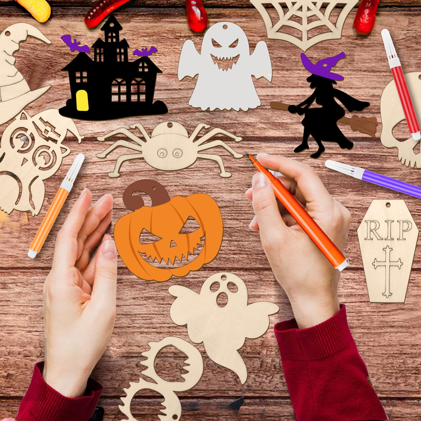 HuaMuDM 265 Pezzi Halloween Decorazioni legno,Decorazioni Halloween Fai Da Te,Appendere per Halloween in legno,Decorazioni in Legno per Halloween,per