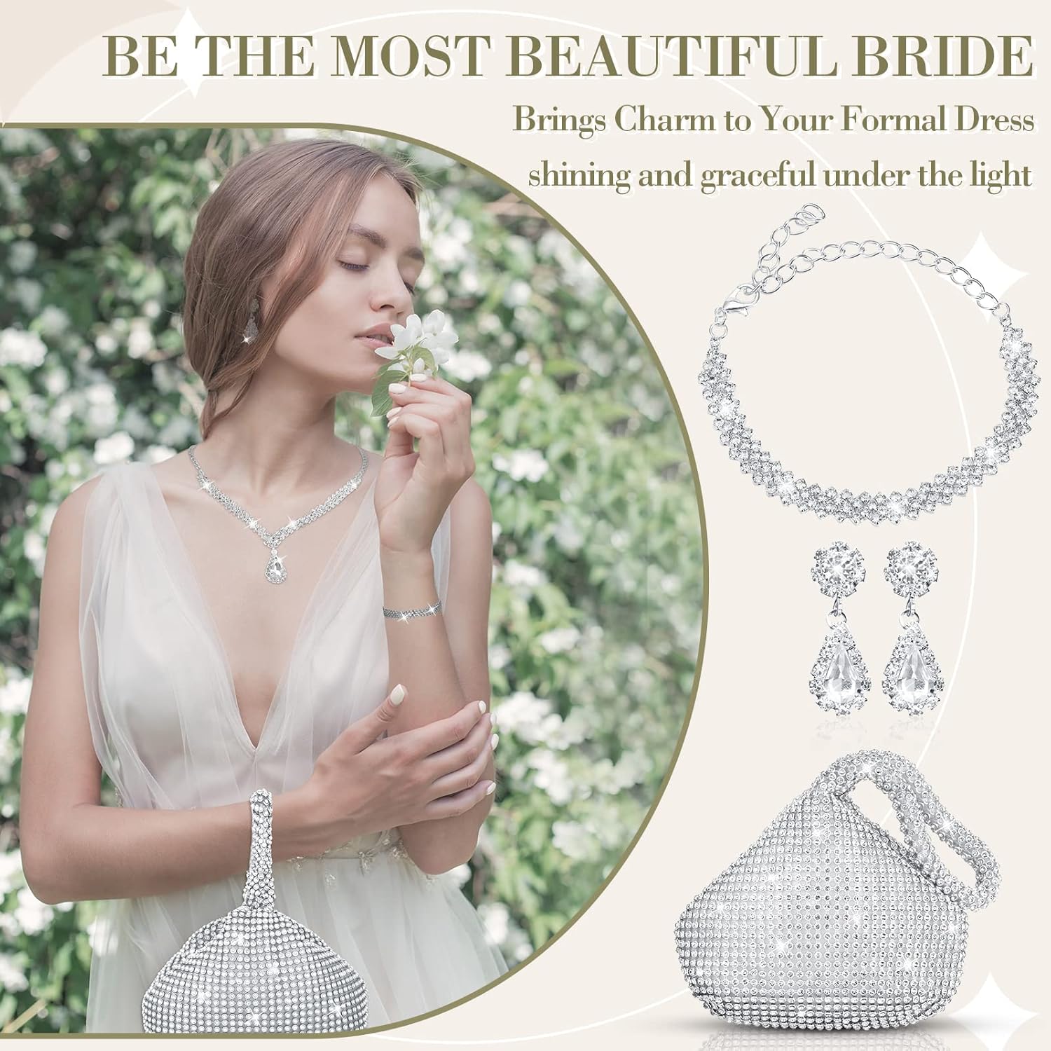 Meanplan 4 Pcs Silver Clutch Purse Jewelry Set for Women Rave Accessories Evening Rhinestone Purse Silver for Bride Wedding - Image 4