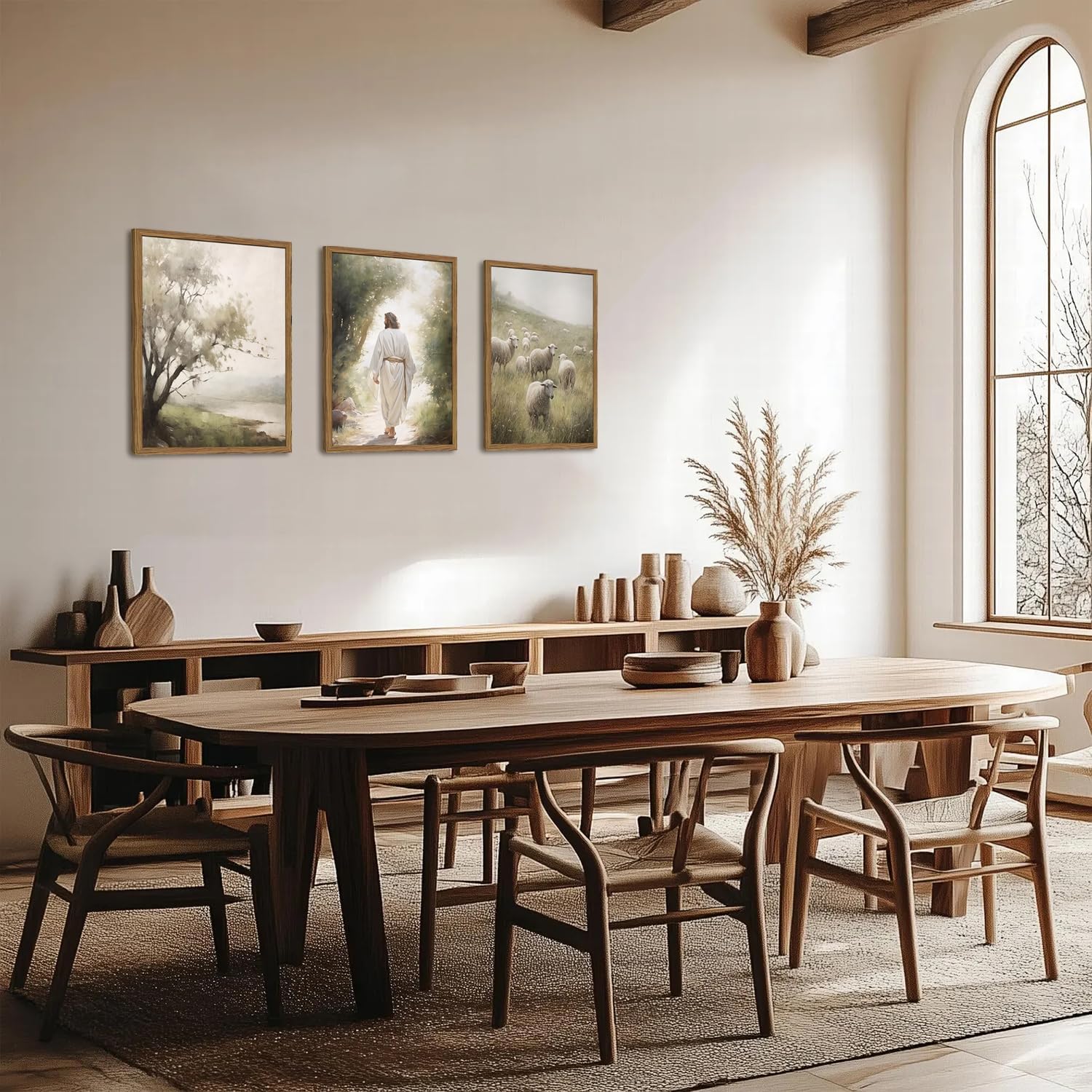 Framed Jesus Leaves the 99 Sheep Canvas Wall Art Set of 3, Christian Pictures Wall Decor, Jesus and Lost Lamb Painting Prints Religious Home Decor for Living Room Bedroom Church Prayer Room 12x16 inch