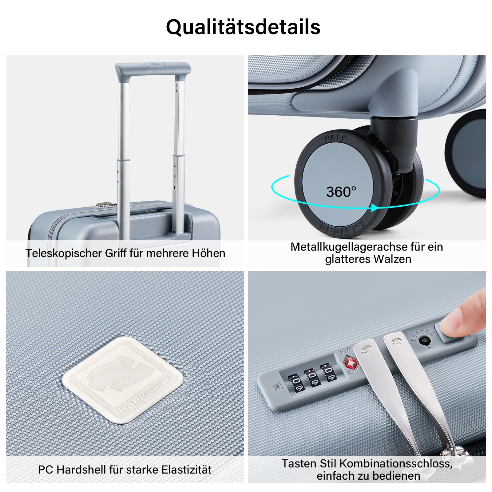 Hanke Erweiterbarer Koffer Handgepäck mit 360°-Spinnerrändern, Frontöffnung PC Hartschalenkoffer mit integriertem TSA-Schloss 49cm(40L), Grau