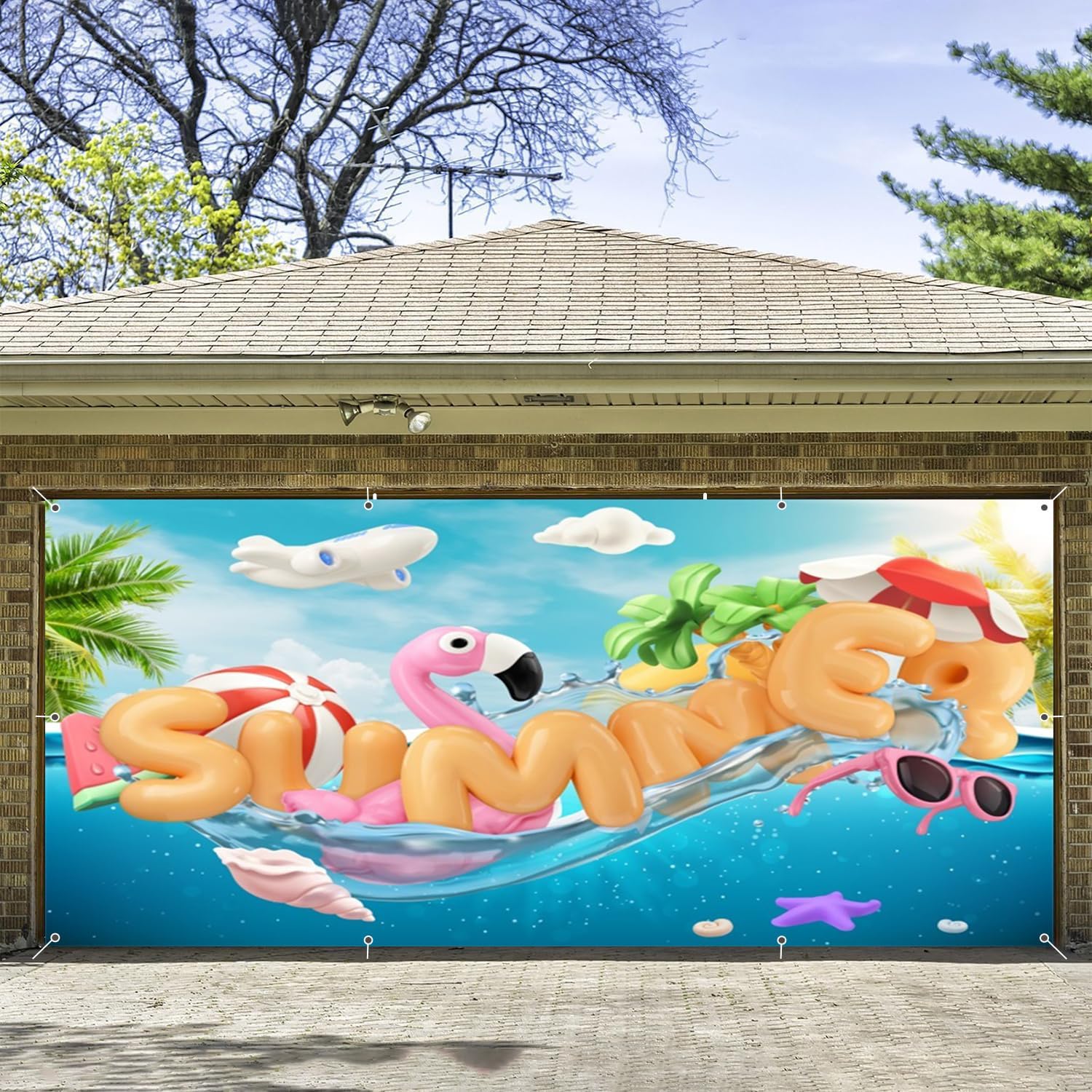 Hello Summer Garage Door Cover 7x16ft Large Summer Banner for 2 Car Garage Door Hawaiian Decorations Cute Tropical Garage Door Banners for Outdoor Pool Party Background