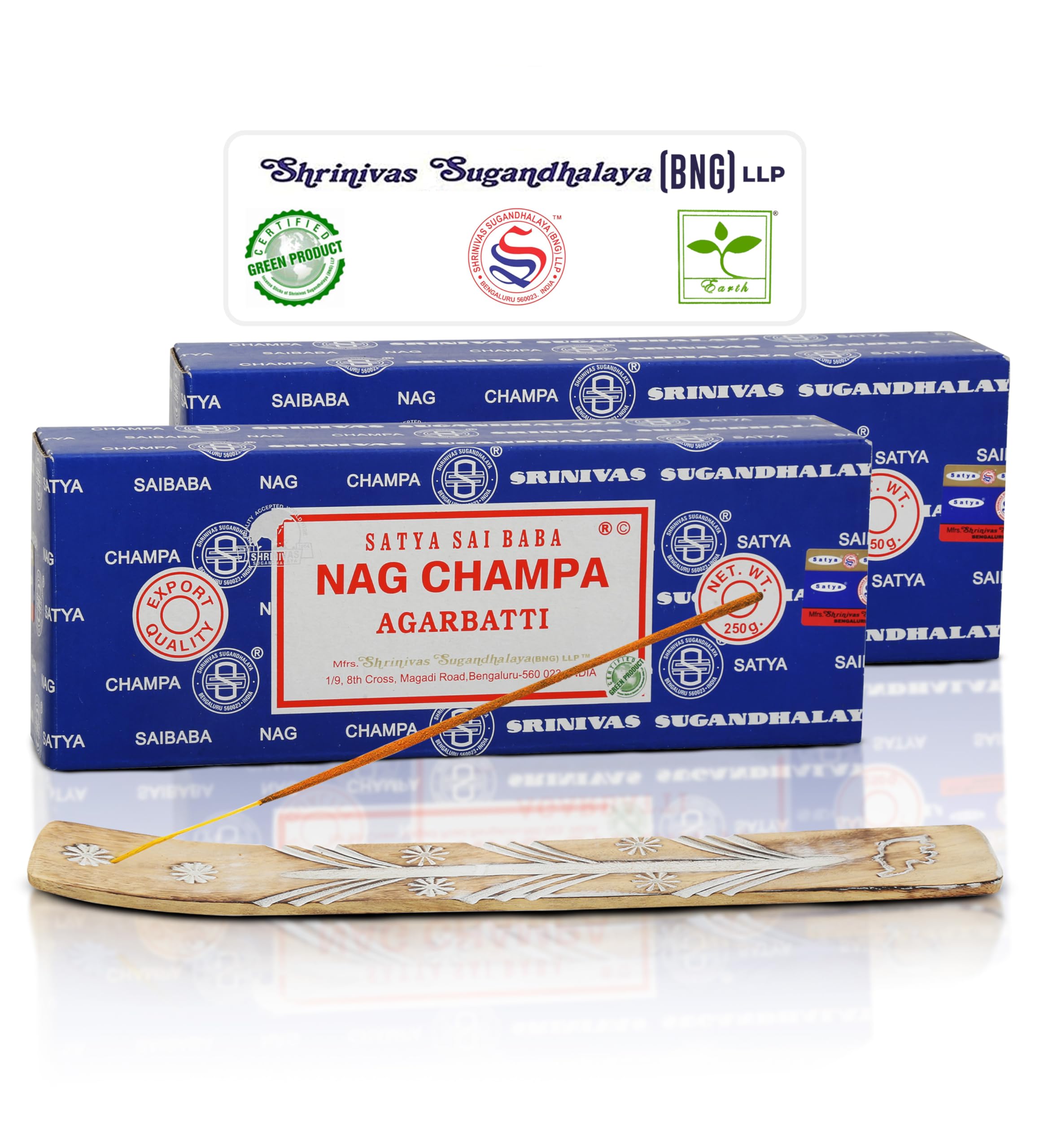 Satya Nagchampa Incense Sticks 250 gmx 2 Pack (500 GMS), Satya BNG (Bangalore) Insenses with Raajsee Incense Holder Bundle, Satya Nagchampa Natural Incense