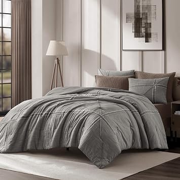 Wonderful Black Grey Comforter Set King Size Cotton Bedding Set, Yarn-Dye Weaved, Slub Textured Jacquard, Hotel Style, Geometric Raw Edge Sticker Lightweight Comforter with Pillowshams for All Season
