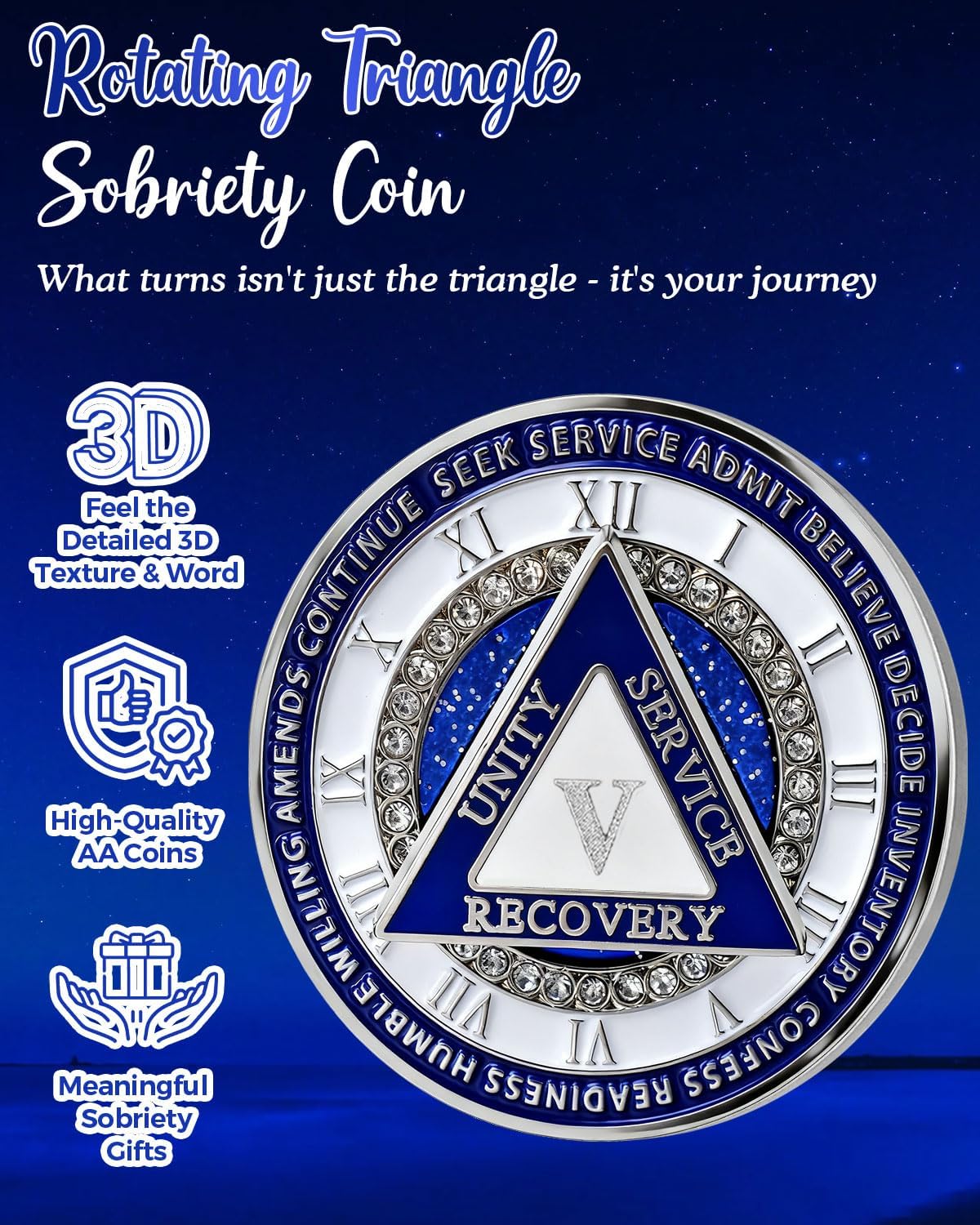 Rotating Triangle 5 Year Sobriety Coin - Spinning 12 Steps AA Coins, Affirmation Sober Chip Recovery Milestones Medallion Sobriety Gifts for Women & Men Celebrating Five Year Sober