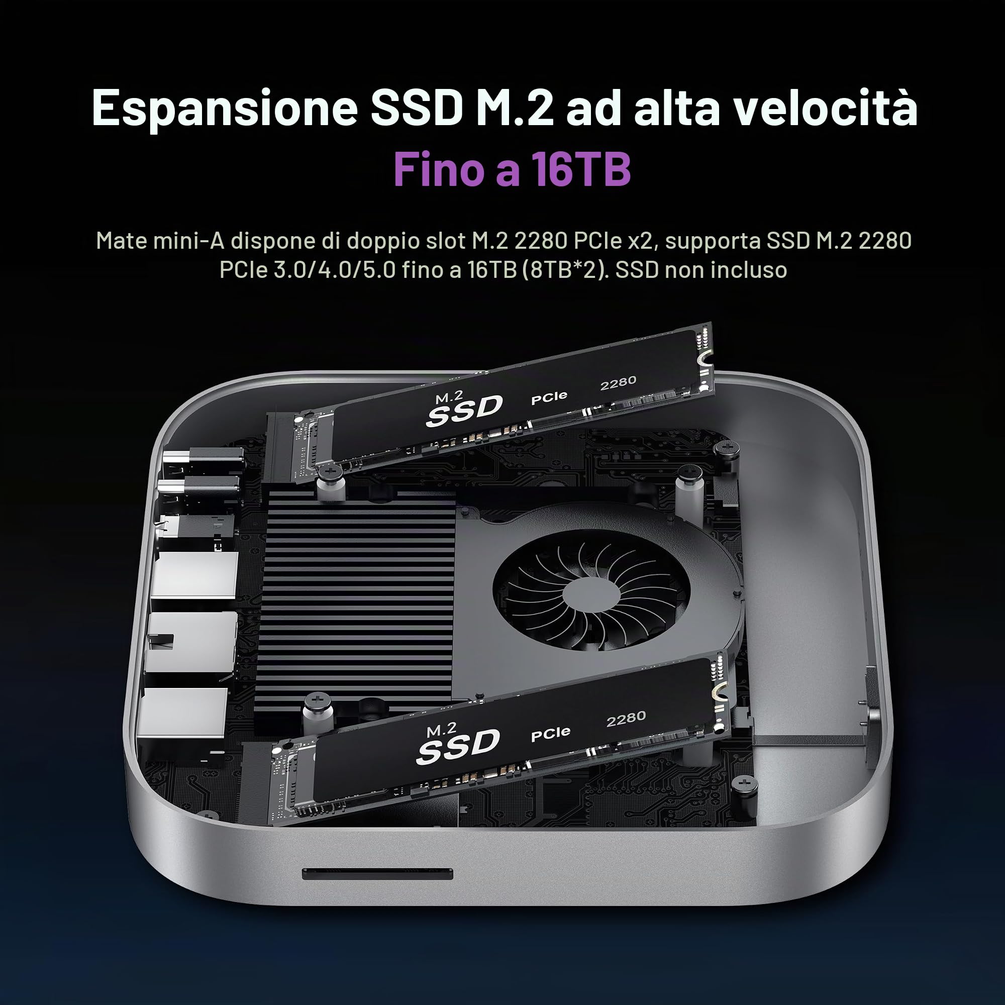 Mac mini M4 Dock, Beelink Mate Mini-A 80Gbps Docking Station, 2* M.2 PCIex2 SSD Slot, espansione max 16TB, slot per schede SD4.0, 2.5G LAN, 15W USB C PD3.0 Port, 2* USB A 10Gbps, 3.5mm Audio