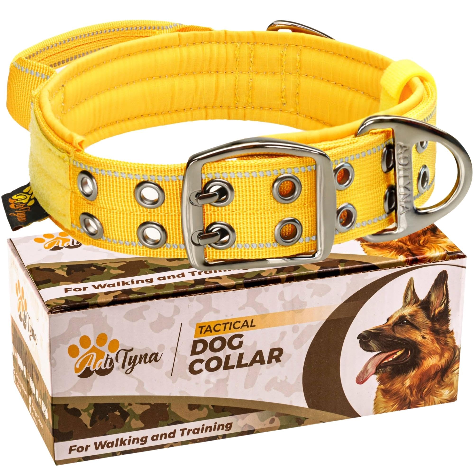 ADITYNA Heavy Duty Dog Collar for Extra-Large Dogs - Reflective Yellow Collar with Handle for Training, and Walking - Wide, Thick, Tactical, Soft