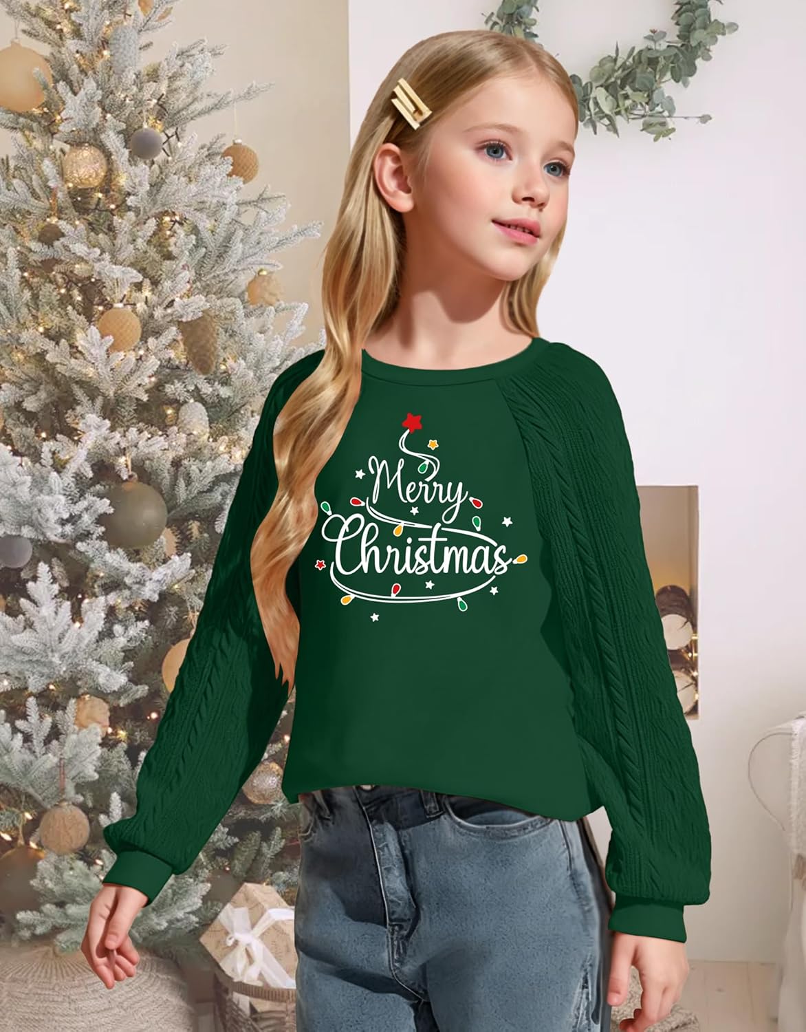 Girls Christmas Sweatshirts for Kids Merry Christmas Casual Cable Knit Long Sleeve Shirts Xmas Tree Tops - Image 4