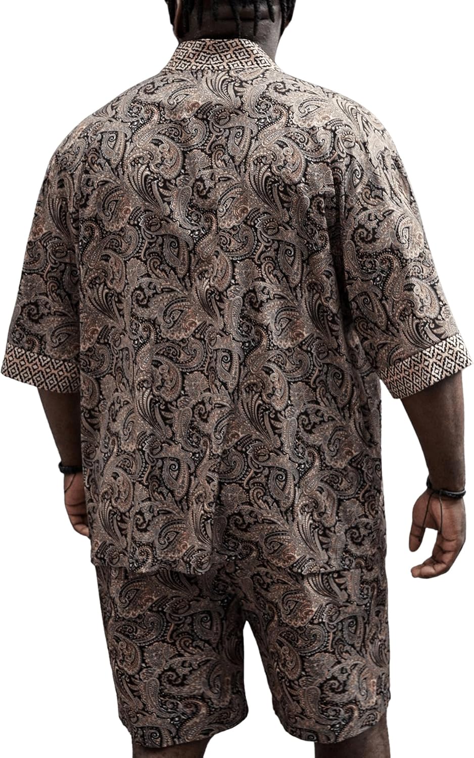 BEAUDRM Men's Plus Size Hawaiian Matching Set Paisley Print Short Sleeve Kimono and Drawstring Waist Shorts Sets