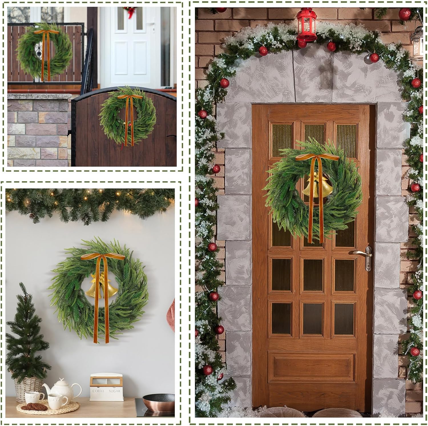 3 Pcs 20 Inch Christmas Norfolk Pine Wreath Artificial Real Touch Norfolk Wreath Winter Farmhouse Greenery Decoration with Ribbon Bow for Front Door Xmas Indoor Outdoor Home Decoration(Khaki)