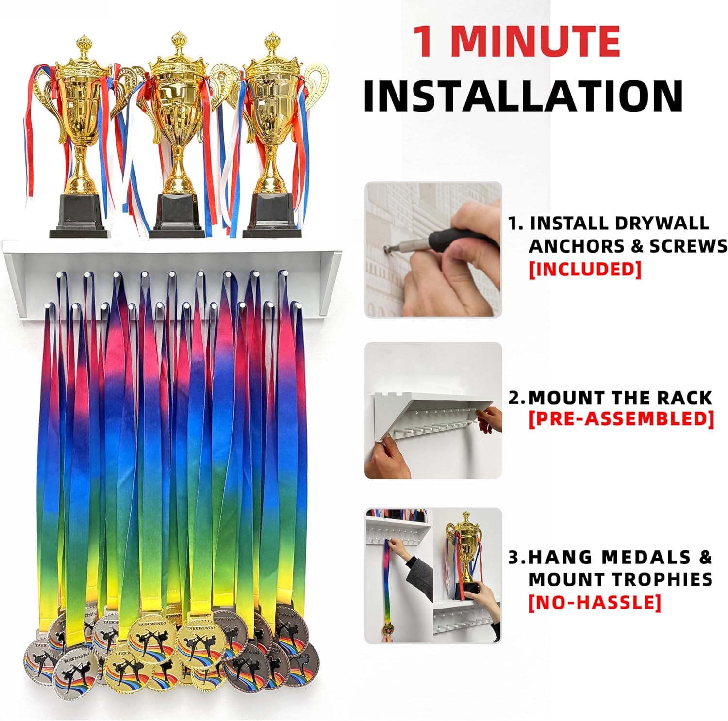 Medal Hanger Display and Trophy Shelf with Hooks - Wooden Medal Holder for Wall Mount Ribbon Display, Trophy Display Shelf for Gymnastics, Soccer, Running Race Medals Awards Rack (WHITE, 16")