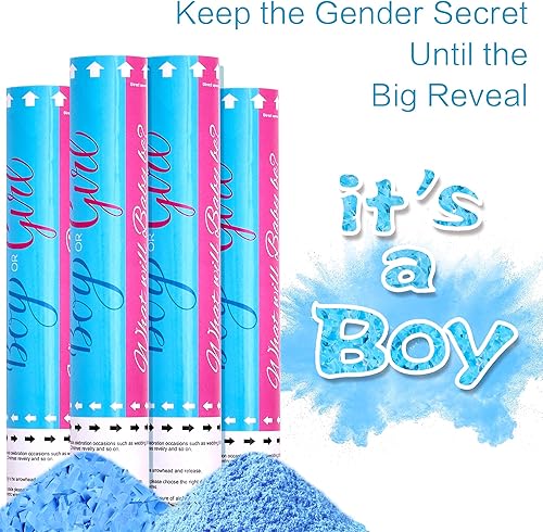 Miniatura 9 de Cañón de confeti azul o rosa de 12 pulgadas, confeti en polvo para revelación de género para niño o niña, juego de 4 cañones de humo, decoraciones