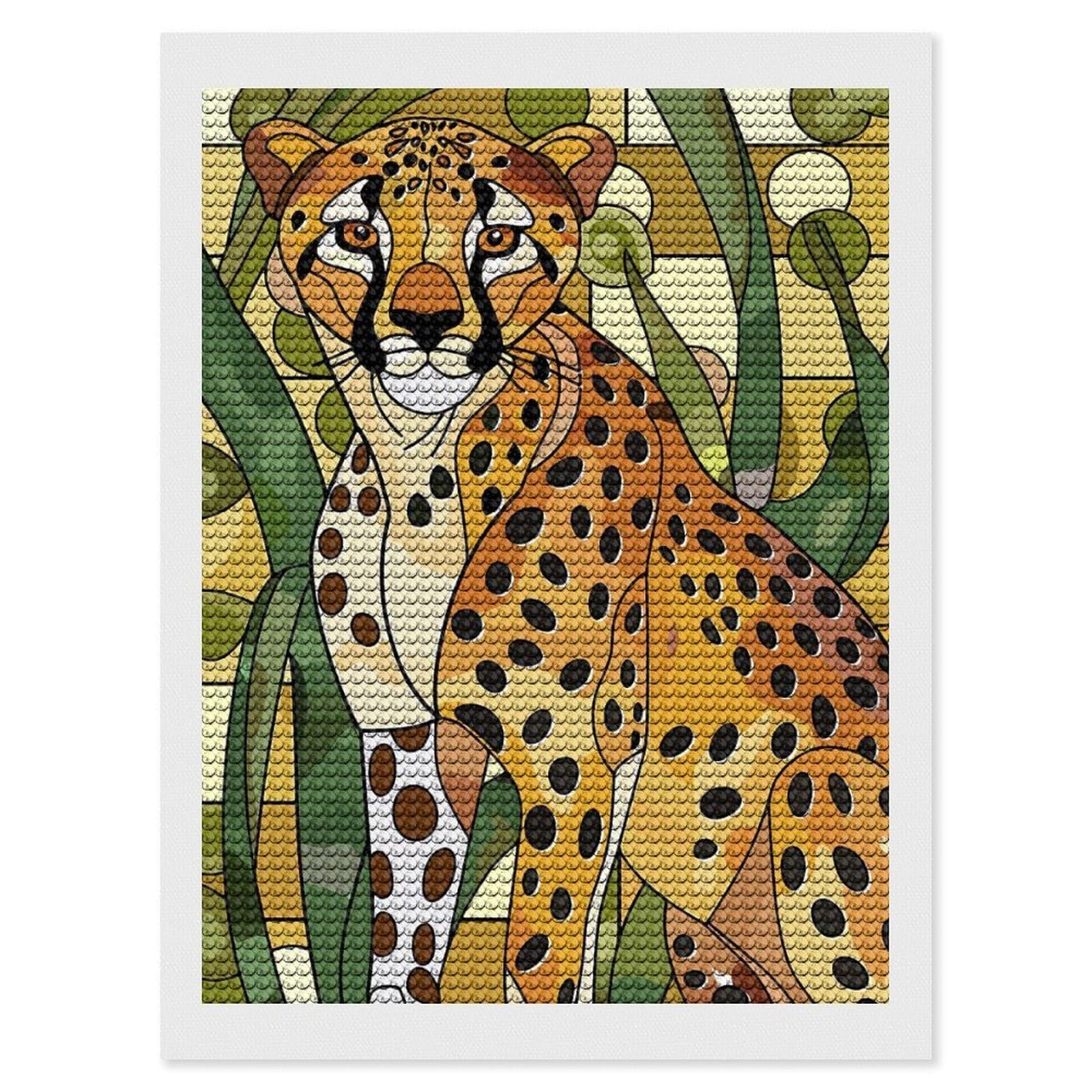 Junmoney Stained Glass Cheetah Portrait Diamond Art Canvas 12"x16", Easy to Follow Symbols, Finish and Display, Fun Craft Experience, Aesthetic Room Decor