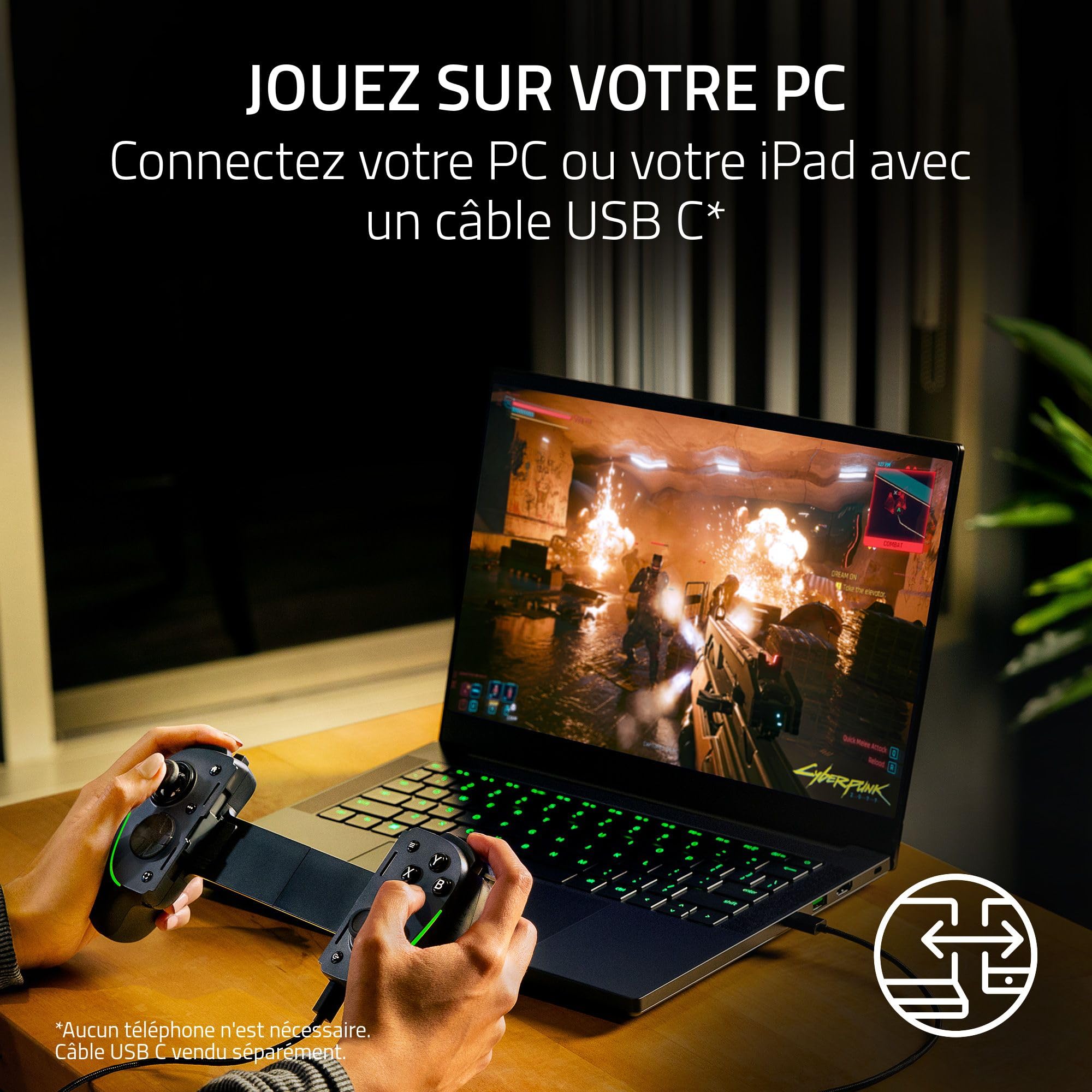 Razer Kishi Ultra - Contrôleur de jeu USB-C pour iPhone, smartphones Android et iPad Mini (haptique Sensa HD, Chroma RGB, chargeur passthrough, boutons Mecha-Touch et D-Pad, jeu mobile) Noir