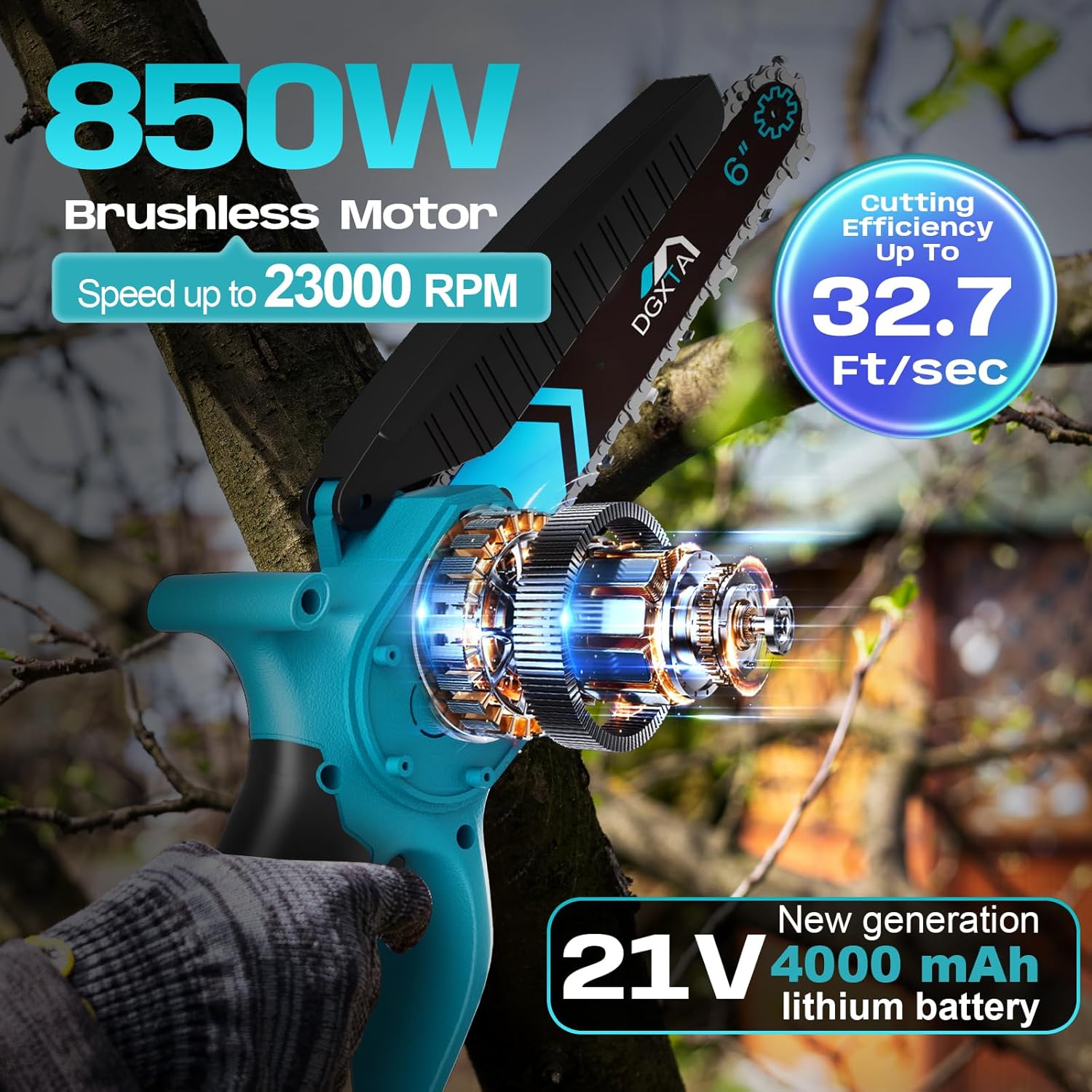 3-in-1 Pole Saw Battery Powered, 21V Handheld Cordless Pole Saw with Extension Rod(4.9-8"), 6/8" Mini Chainsaw and 2 4000 mAh Batteries, Suitable for Tree Pruning, Hedge Pruning(Blue）