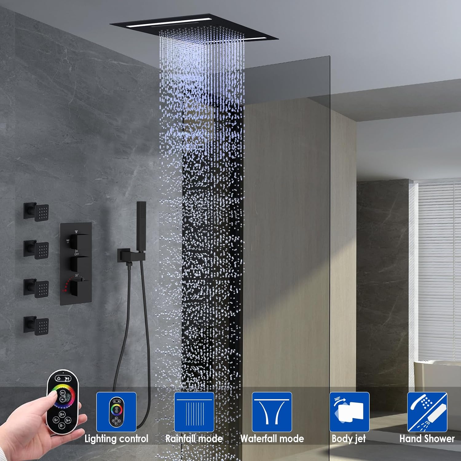 Thermostatic Shower Faucets Set Matte Black Body Spray Shower System, 14X20Inch LED Waterfall Rainfall Shower Head with Dual-mode Handheld, 4-Way Shower Fixtures with 4 Jets Features Shut-Off