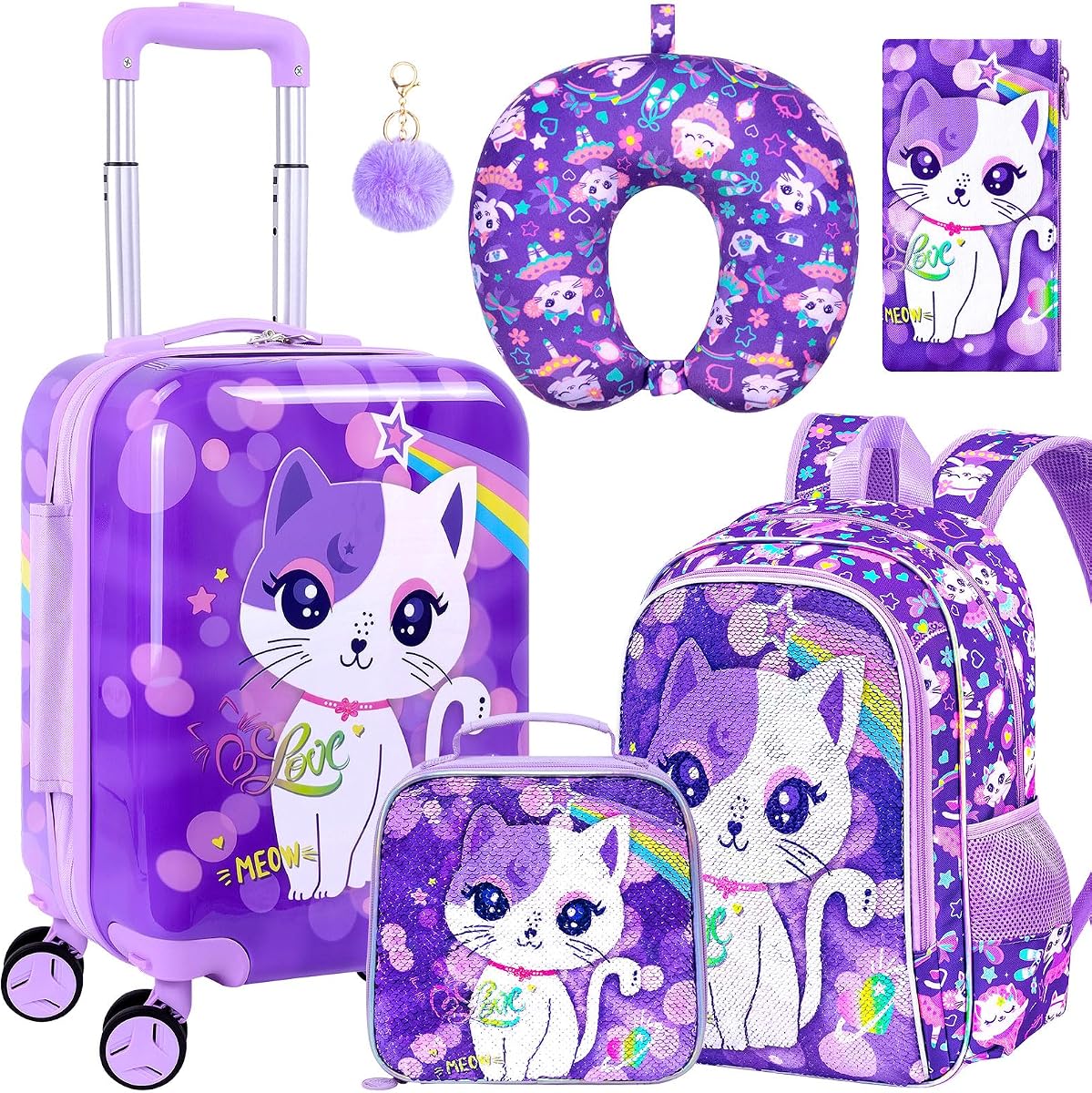 5PCS Kids Luggage Set, Airline-Approved Carry-On with 360° Spinner Wheels, Cute Travel Suitcase for Girls & Toddlers - Cat Purple