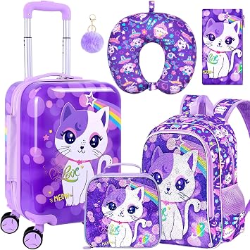 5PCS Kids Luggage Set, 16" Suitcase for Girls 3-10, Cute Cat Carry-On