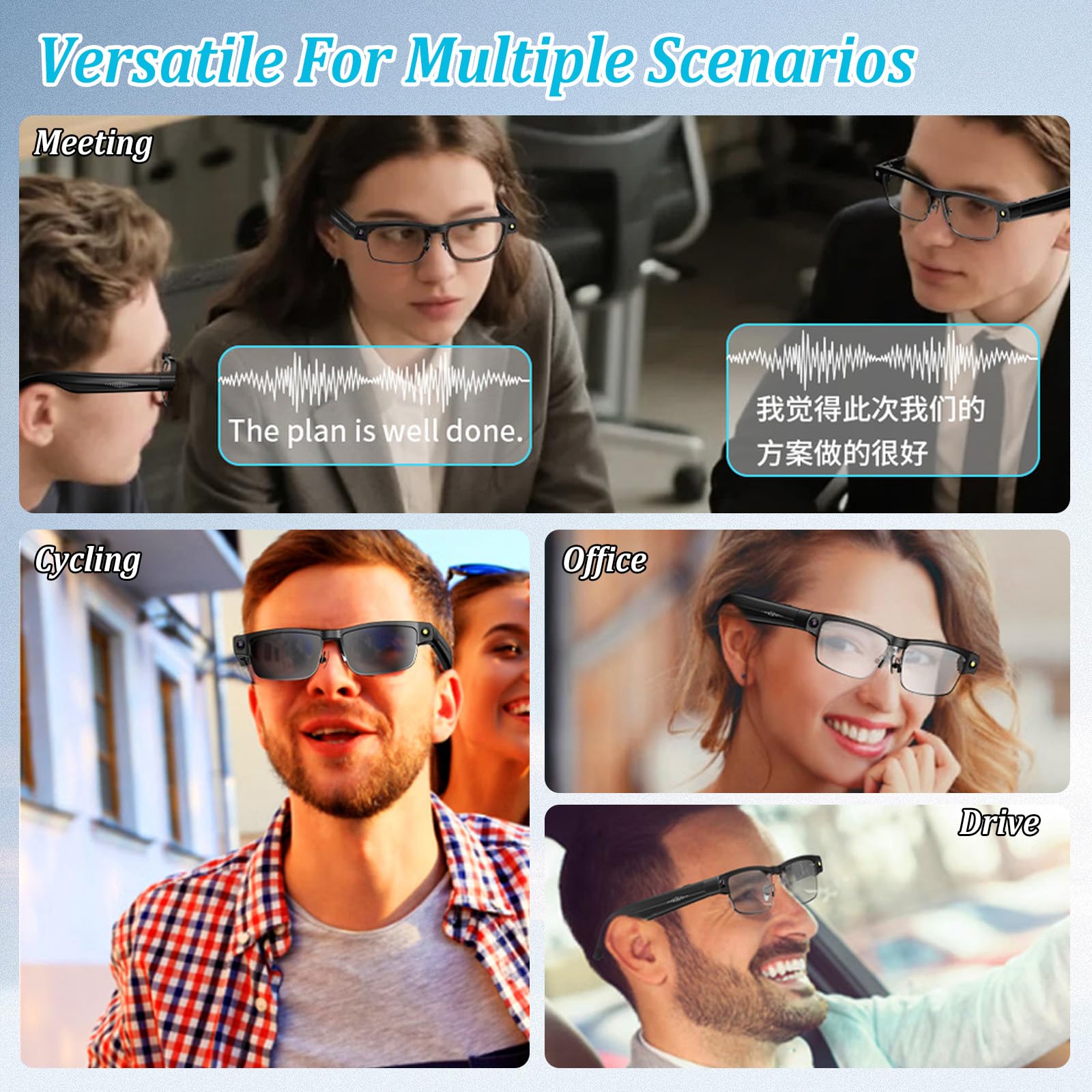 AI Smart Glasses 4K HD, 800 W, fotocamera anti-oscillazione, occhiali con registrazione video, doppi microfoni con cancellazione del rumore, traduzione simultanea, integrazione ChatGPT (lenti