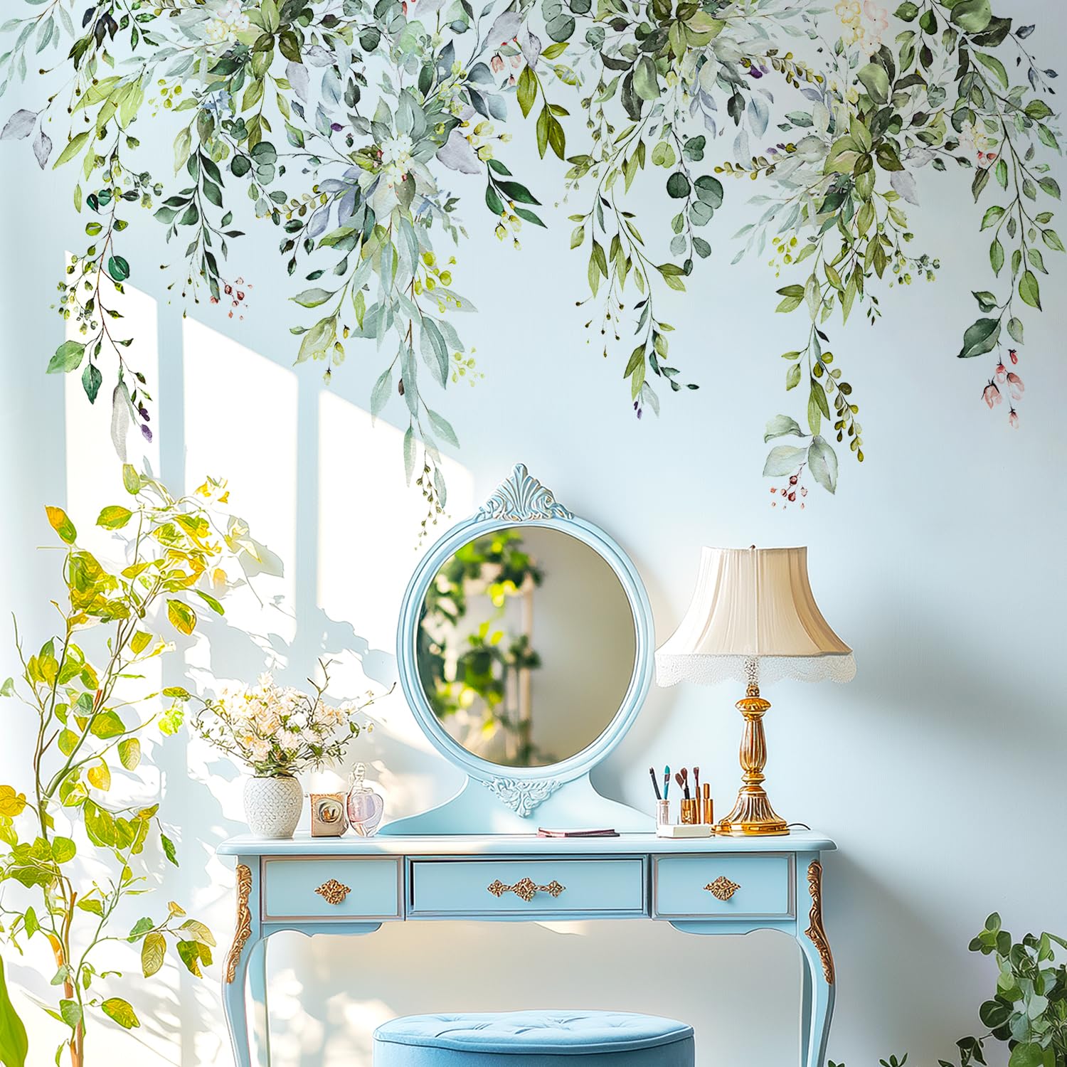 VePret Green Plants Leaves Wall Decals Peel and Stick, Large Floral Flowers Wall Stickers, Removable Vine Home Decor Art for Bedroom Living Room Classroom Office