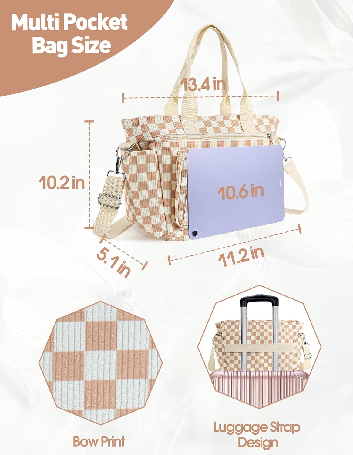 PainZieteg Strawberry Tote Bag Bow Bag With Multi Pocket Women Girls Crossbody Corduroy Handbags Purse Work Travel