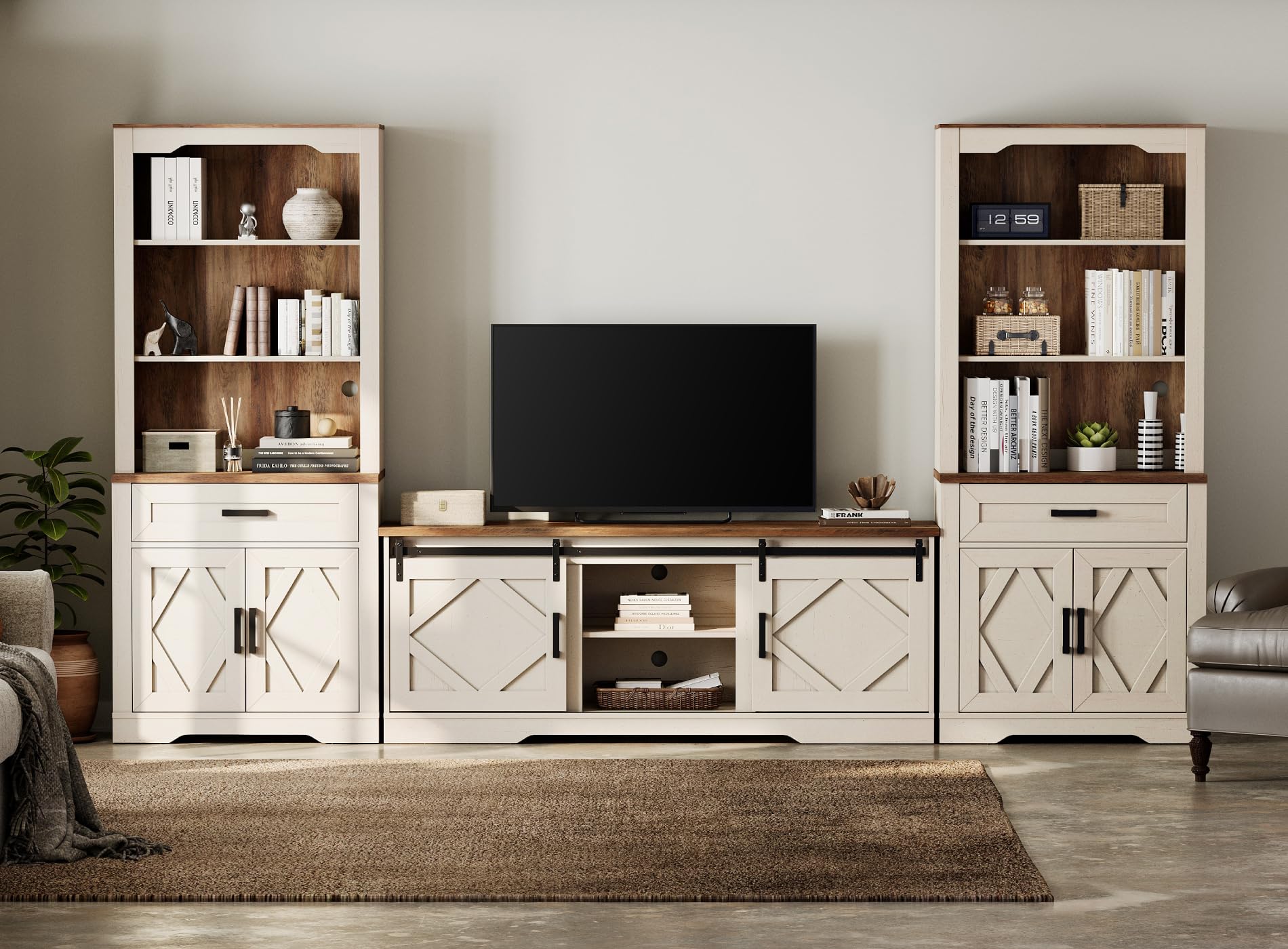 WAMPAT Farmhouse Entertainment Center with Bookshelf for TVs up to 75