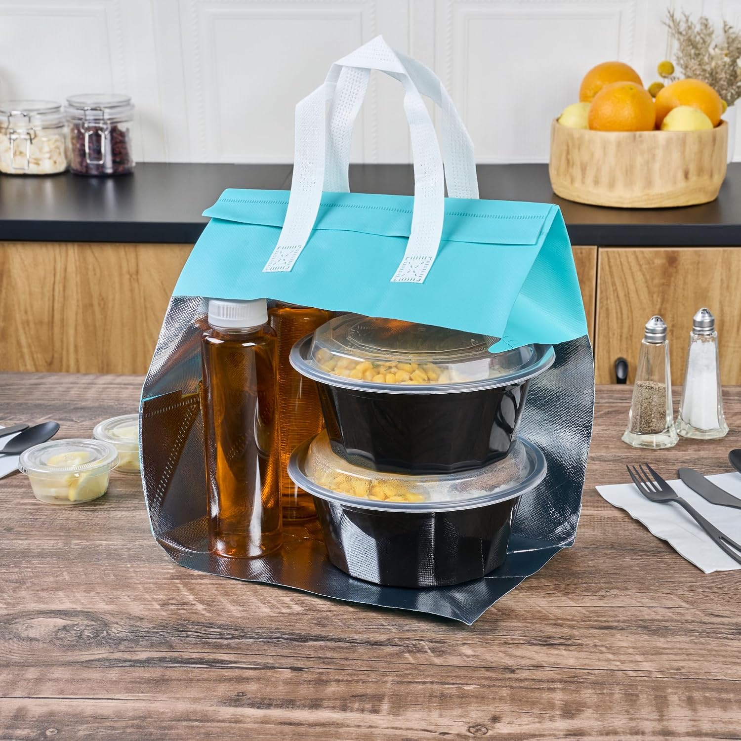 Restaurantware Insulated Delivery Bags 100 Count 10.24 x 6.69 x 11.02 Inches Nonwoven Take Out Bags For Food With Sturdy Handles, Teal Insulated Grocery Bags Tamper-Evident Foldable