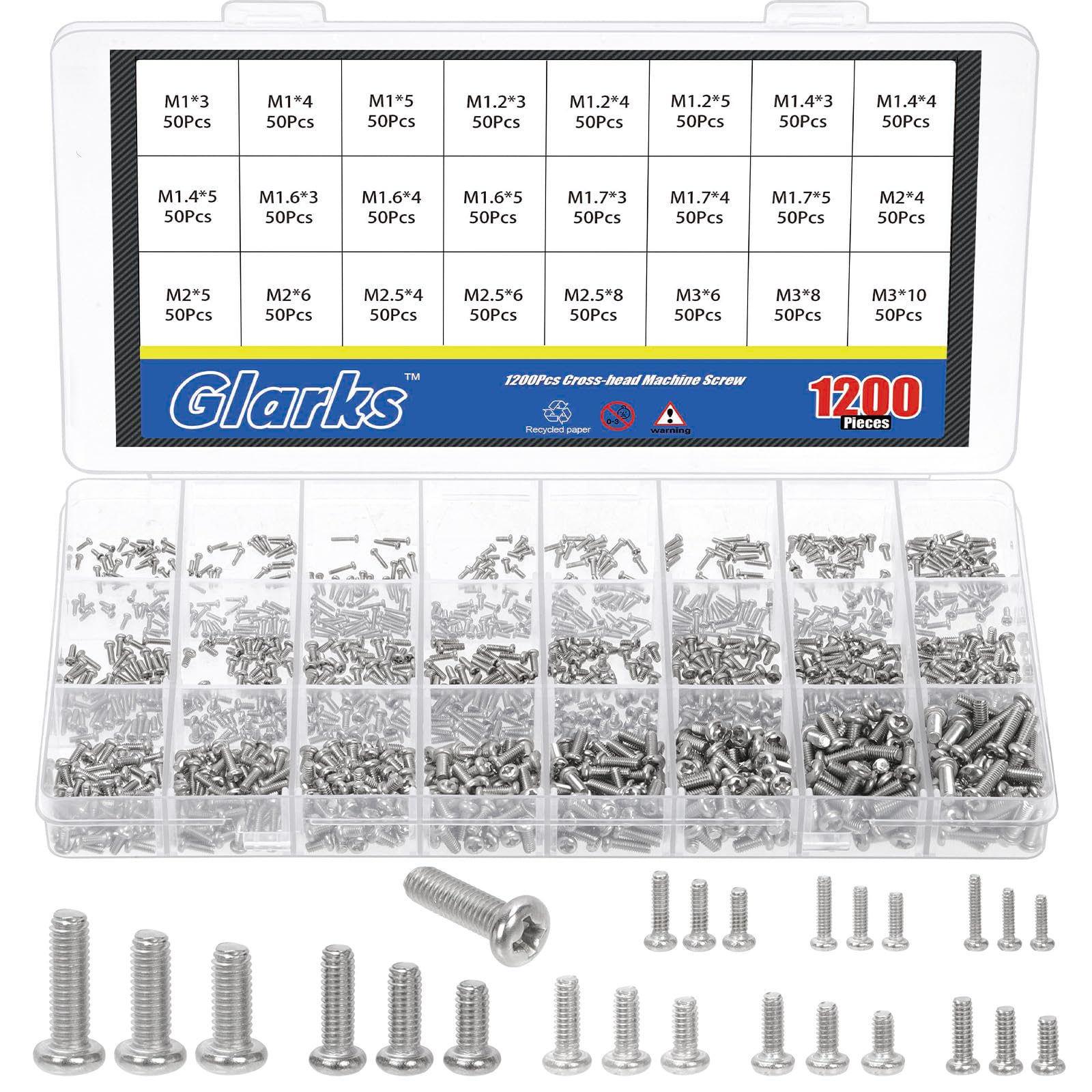 Glarks 1200pcs M1/M1.2/M1.4/M1.6/M1.7/M2/M2.5/M3 Silver Phillips Pan Head Machine Screws Kit, Carbon Steel Phillips Drive Machine Screws, Tiny Machine Screw Bolts for Eyeglasses, Home Appliances